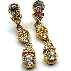 Vintage Swarovski Crystal Earrings Swan Signed Rhinestones Gold Tone Dangle Drop